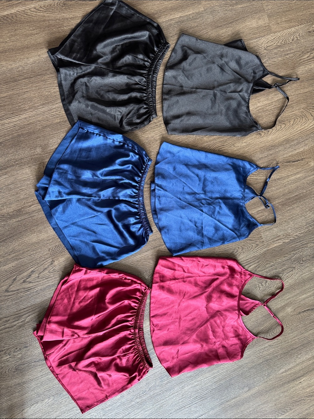 3 Satin Cami & Shorts Pajama Sets – Black Blue Burgundy Size Small